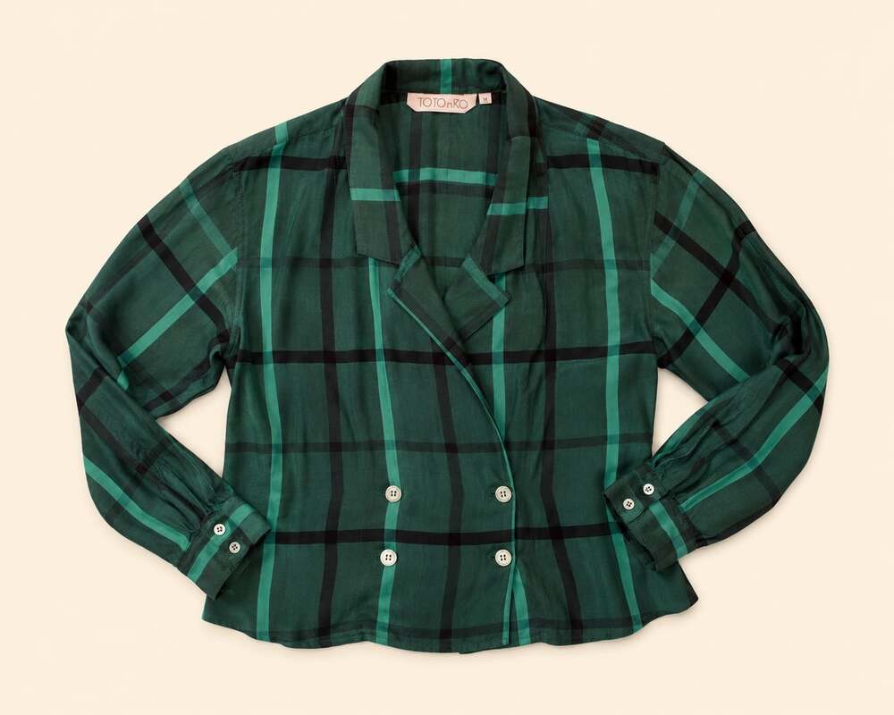 TOTOnKO Y2K Green Plaid Rayon Blouse Fairy‎ Grunge Academia Top M
